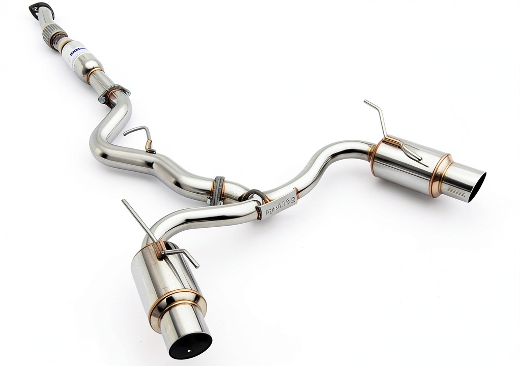 Installing Invidia HS08STIGTP Polished Cat-Back Exhaust on a garage workbench